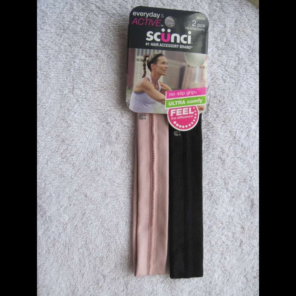 2 Scunci Active Pink Black No Slip Soft Fabric Headband Headwrap Hair Head Bands